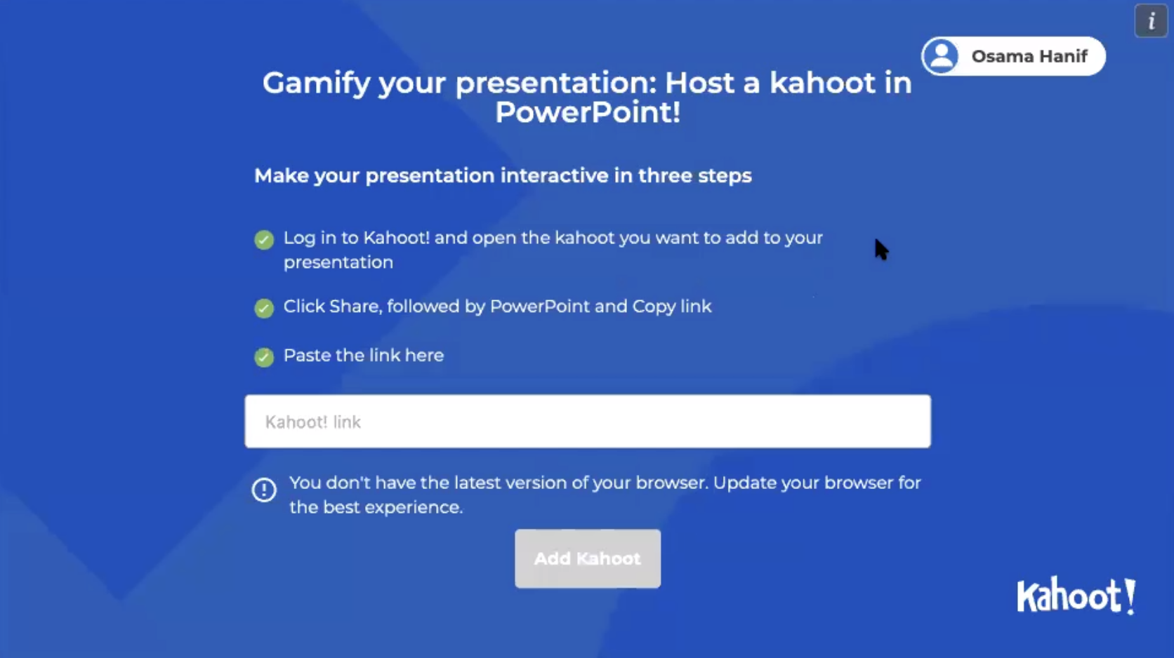 Kahoot's PowerPoint integration makes it easy to add a game to