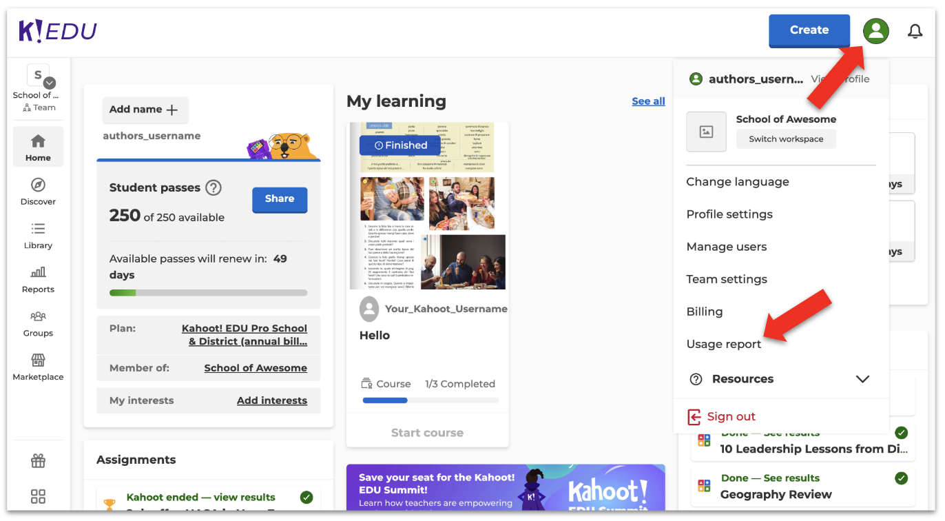 Intro to usage report kahoot help resource center