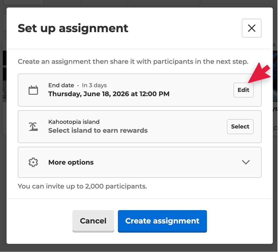 A screenshot of the Kahoot! "Set up assignment" dialog box. A red arrow points to the "Edit" button located within the "End date" section, instructing users on where to click to modify the deadline for the assigned kahoot.
